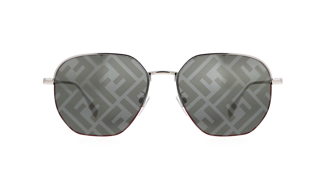 Round silver-framed mirror sunglasses with gray Fendi FF logo lens pattern
