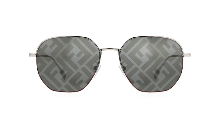 Round silver-framed mirror sunglasses with gray Fendi FF logo lens pattern
