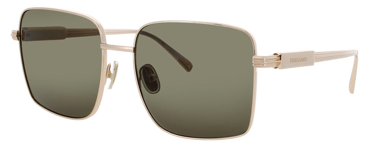 Gold square sunglasses with olive-green tinted lenses and slim metal temples
