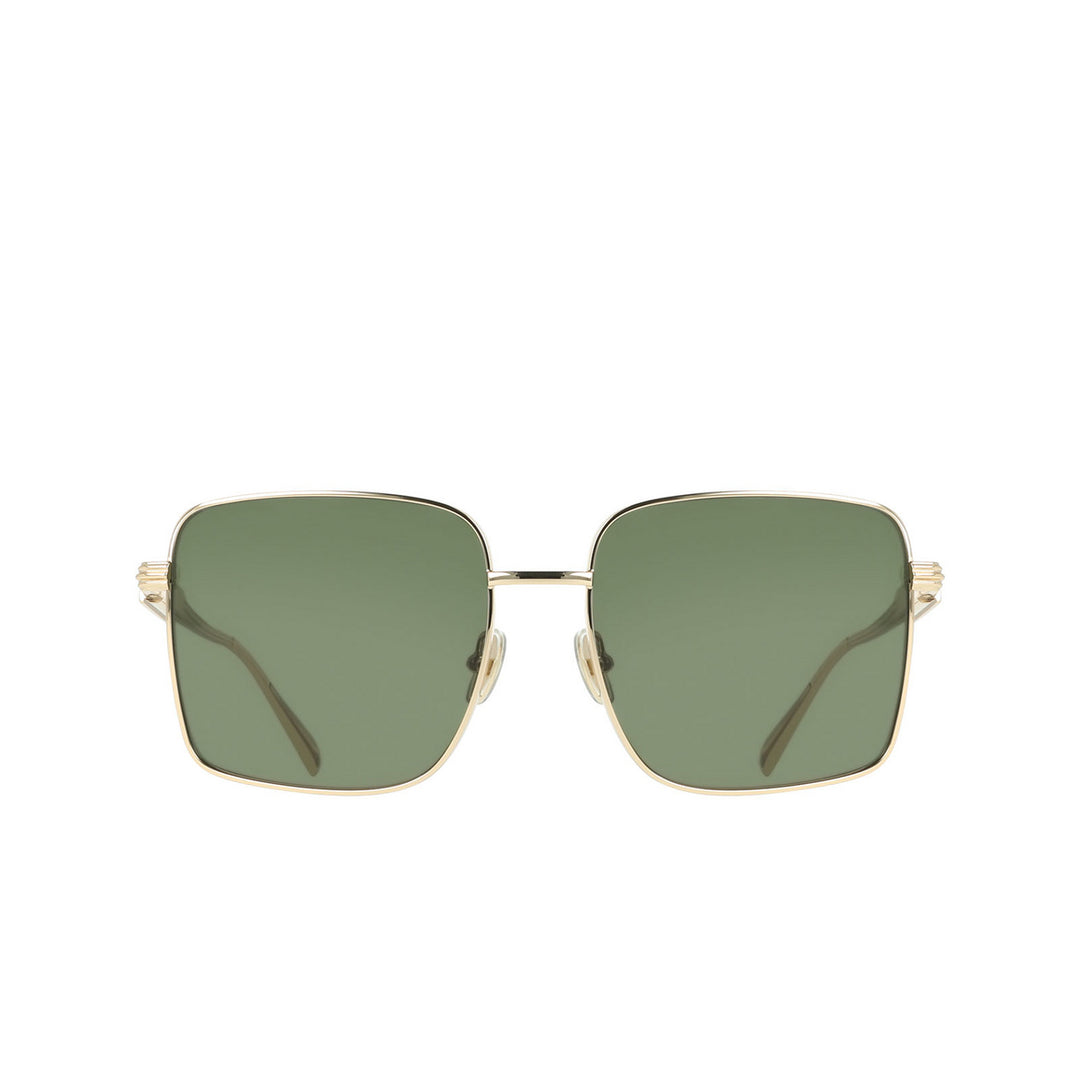 Gold square sunglasses, front view, olive-green tinted lenses with thin metal bridge