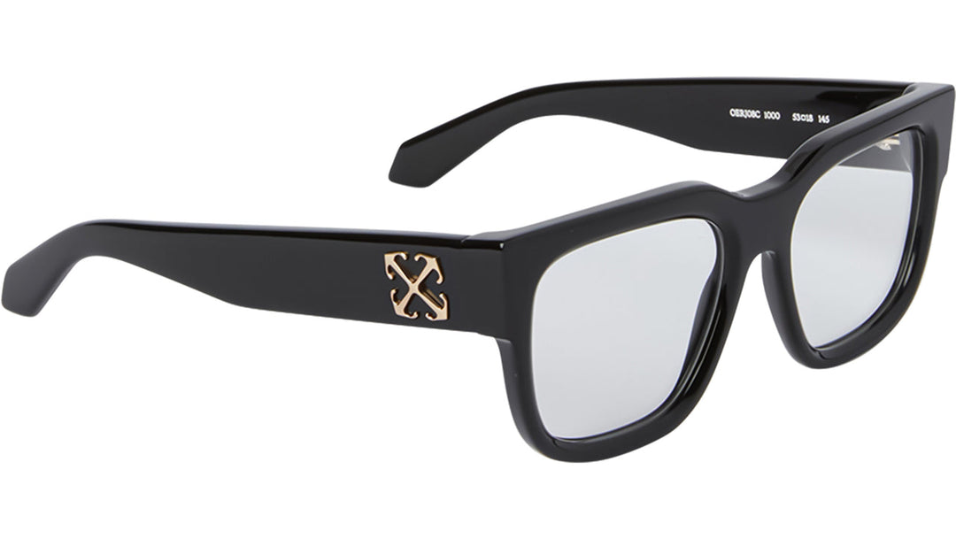 Black rectangular eyeglasses frames with gold logo on side temples