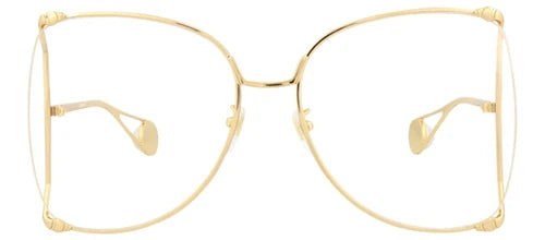 Gucci oversized square clear-lens sunglasses, gold metal frame with cutout details