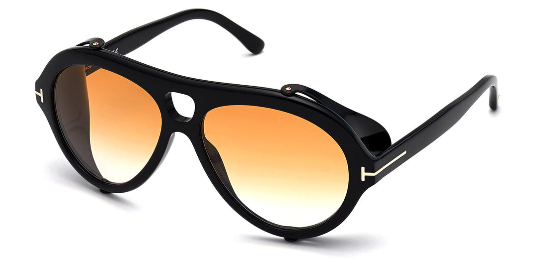 Tom Ford aviator sunglasses with black shielded frames and orange-tinted lenses