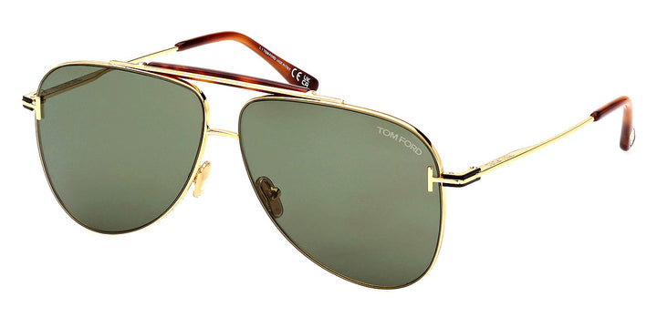 Tom Ford aviator sunglasses with gold metal frame and dark green lenses