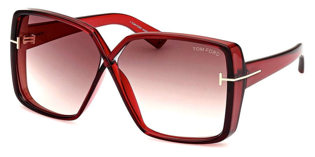Burgundy square sunglasses with gradient lenses and gold-tone logo on temple