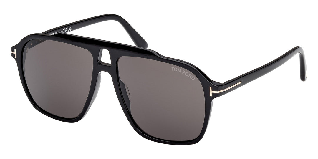 Black Tom Ford sunglasses with dark gray lenses, angular aviator-style frame.