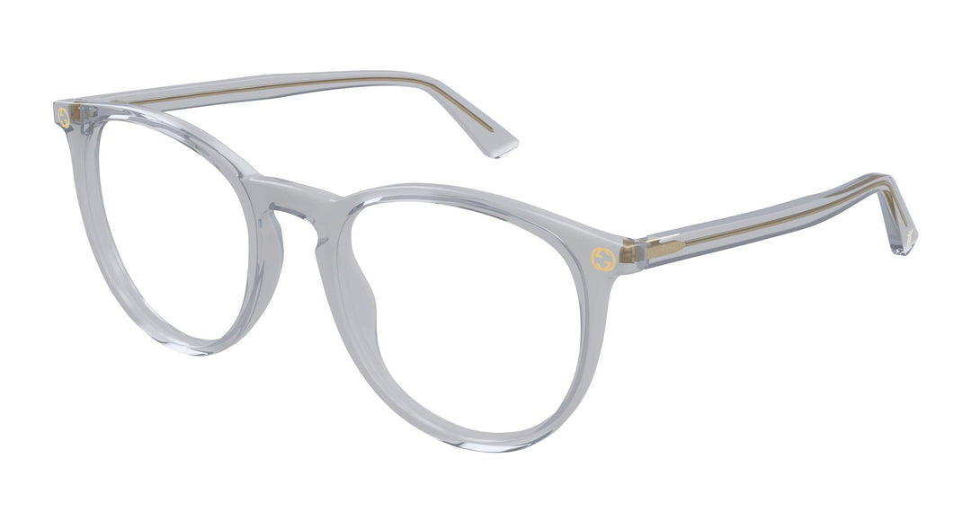 Gucci grey transparent round eyeglass frames with metal logo detail
