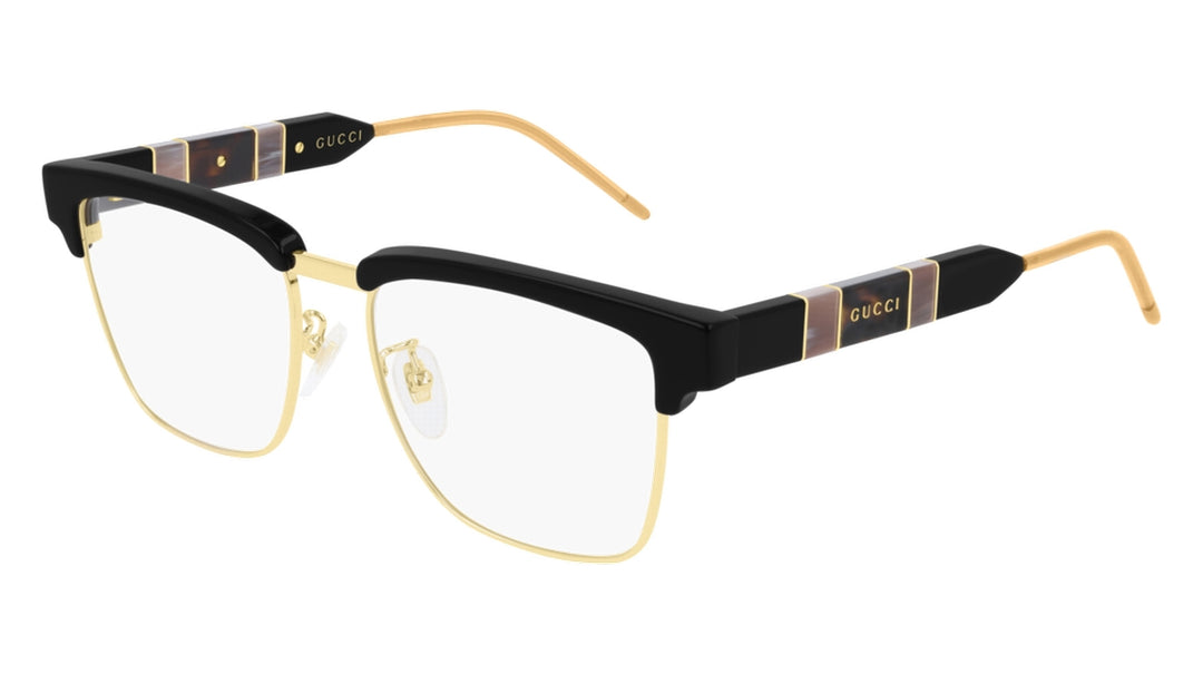 Square eyeglass frames with black acetate and gold-tone temples, Gucci logo.