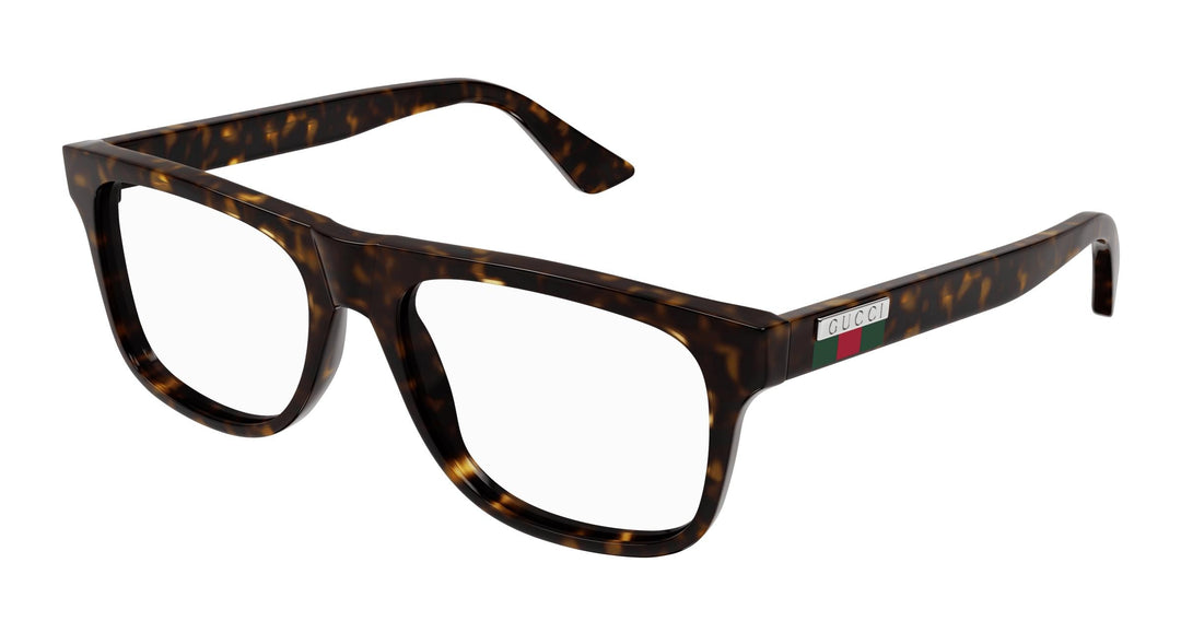 Gucci flat-top eyeglass frames, havana brown tortoiseshell, GG logo temple