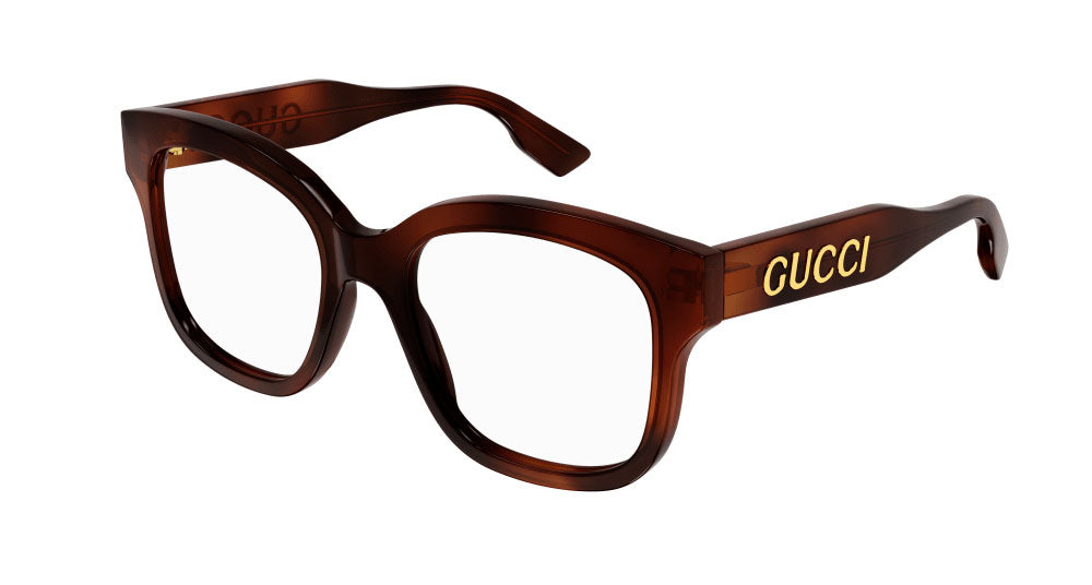 Gucci Havana brown eyeglass frames with GUCCI logo on side temples