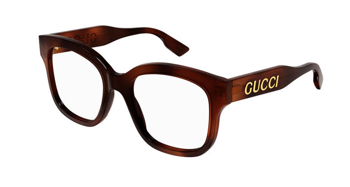 Gucci Havana brown eyeglass frames with GUCCI logo on side temples