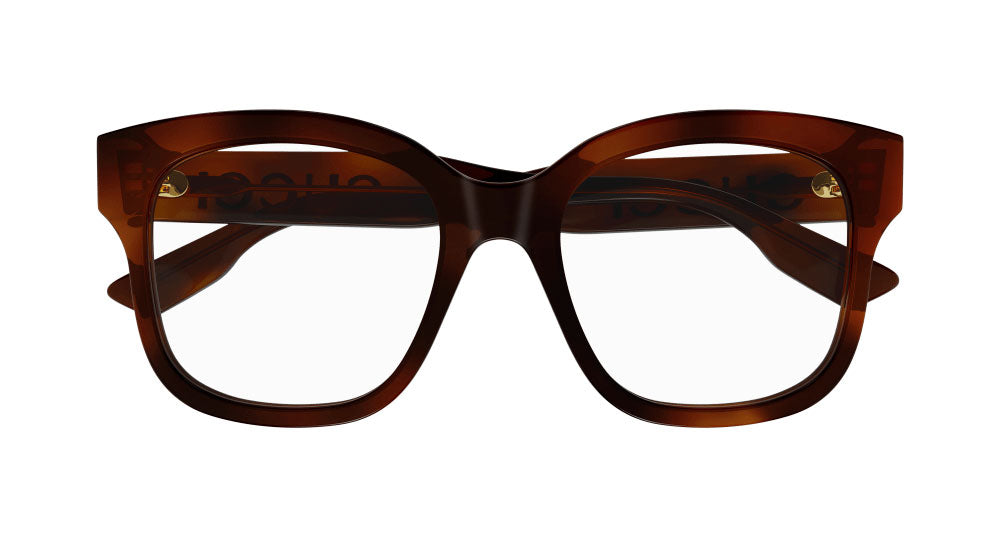 Gucci Havana brown rectangular eyeglass frames, clear lenses, front view