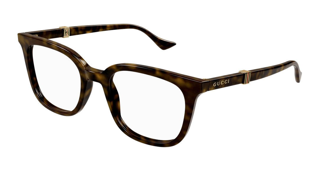 Havana brown square eyeglass frames with Gucci logo on temples