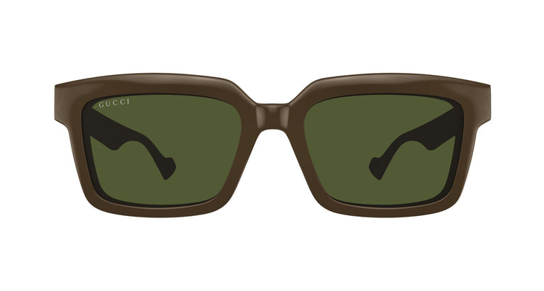 Gucci clip-on sunglasses with brown rectangular frames and green tinted lenses