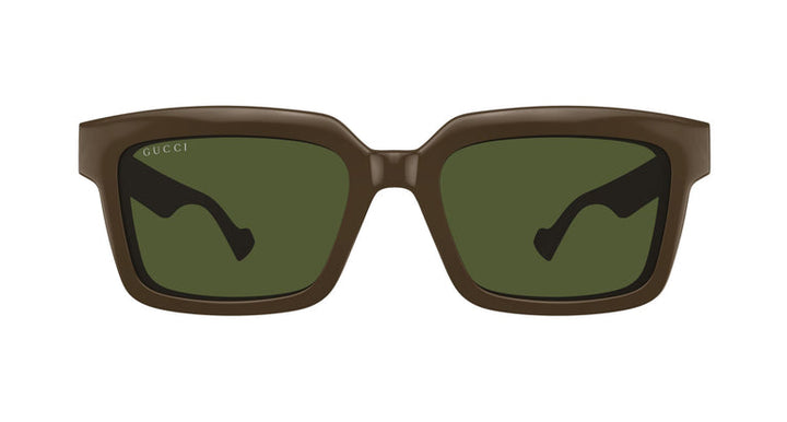 Gucci clip-on sunglasses with brown rectangular frames and green tinted lenses
