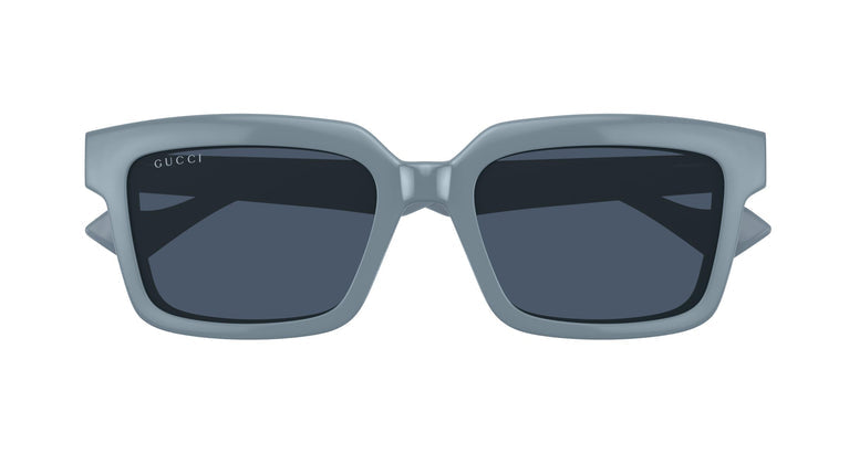 Gucci grey clip-on sunglasses with square frames and dark lenses, front view logo