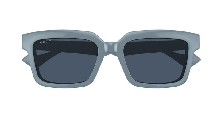 Gucci grey clip-on sunglasses with square frames and dark lenses, front view logo