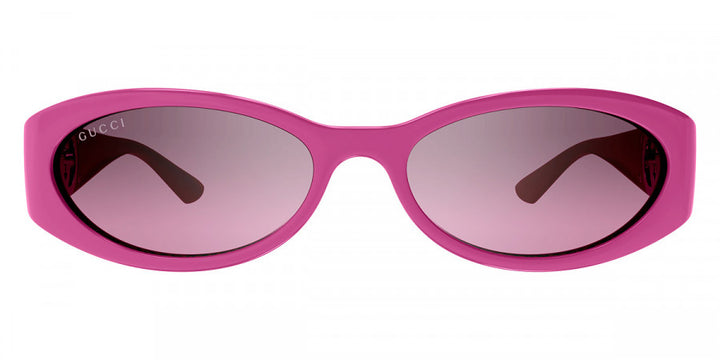 Gucci pink oval sunglasses, front view with tinted lenses