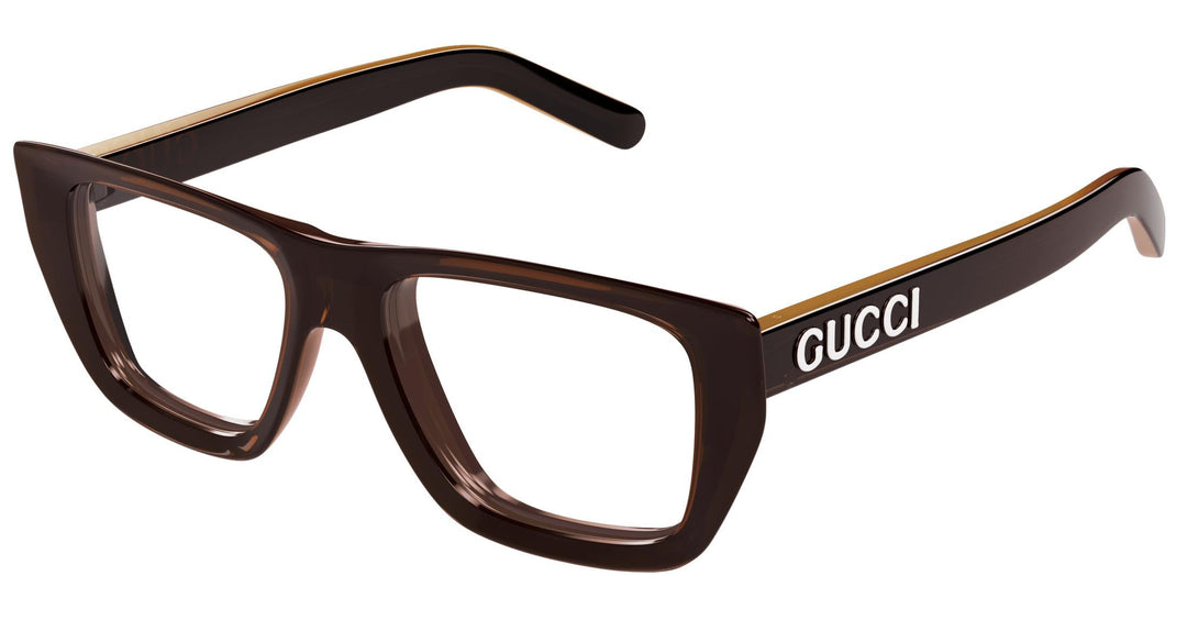 Brown rectangular Gucci eyeglass frames with logo on the temple