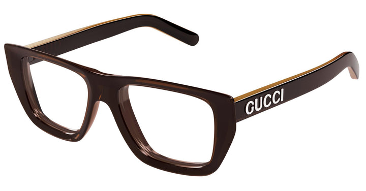 Brown rectangular Gucci eyeglass frames with logo on the temple
