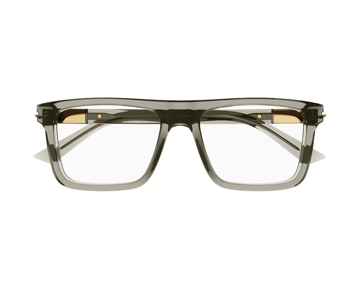Gucci grey transparent rectangular eyeglass frames, gold logo detail on temples