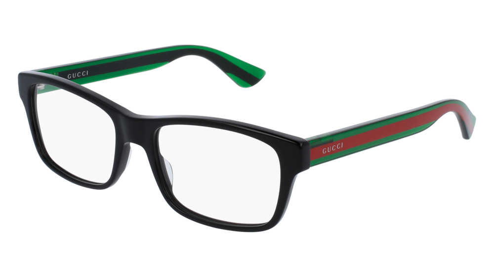 Rectangular eyeglasses frames with black striped temples and green logo detail
