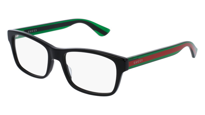 Rectangular eyeglasses frames with black striped temples and green logo detail