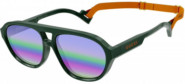 Green aviator sunglasses with multicolor mirror lenses and Gucci logo on temple