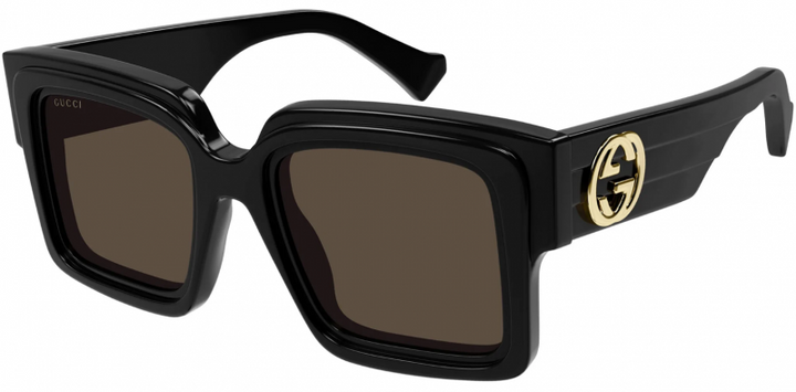 Gucci black square sunglasses with thick rim and GG logo temple, brown lenses
