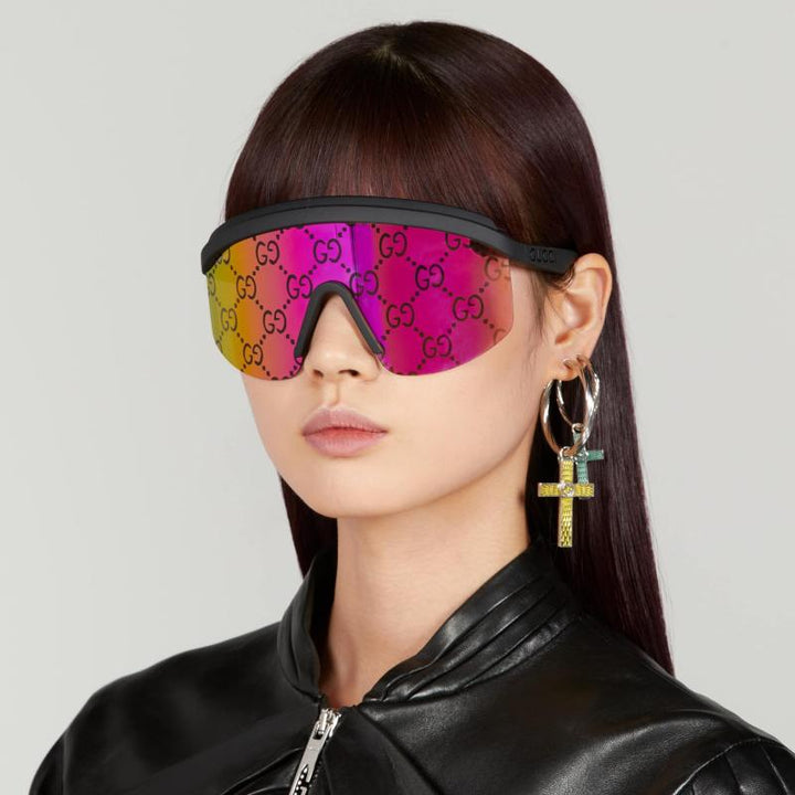 Gucci GG1477S Oversized Pink Mirrored Logo Shield Sunglasses