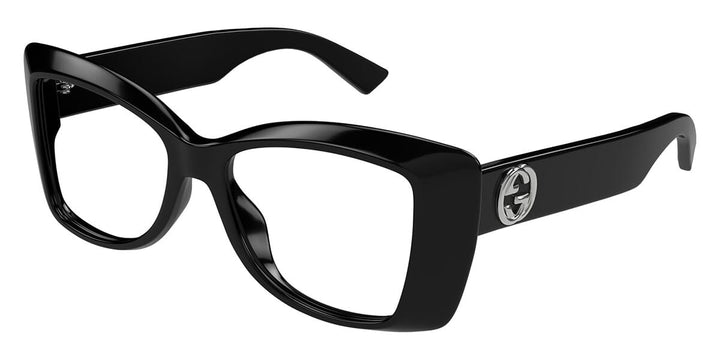 Black cat-eye eyeglass frames with Gucci emblem on temple