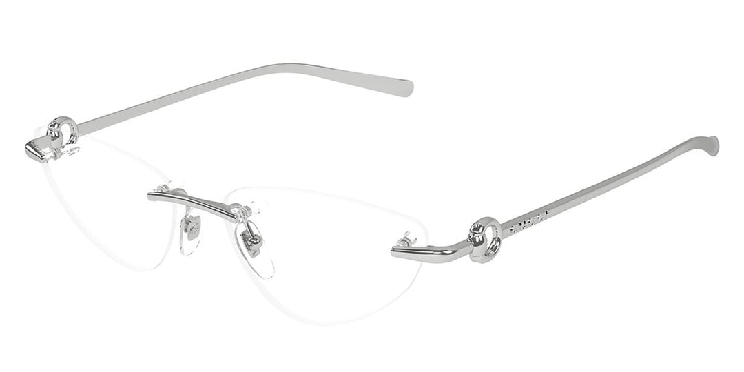 Silver cat-eye eyeglass frames with round lenses and metal temple arms
