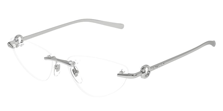 Silver cat-eye eyeglass frames with round lenses and metal temple arms