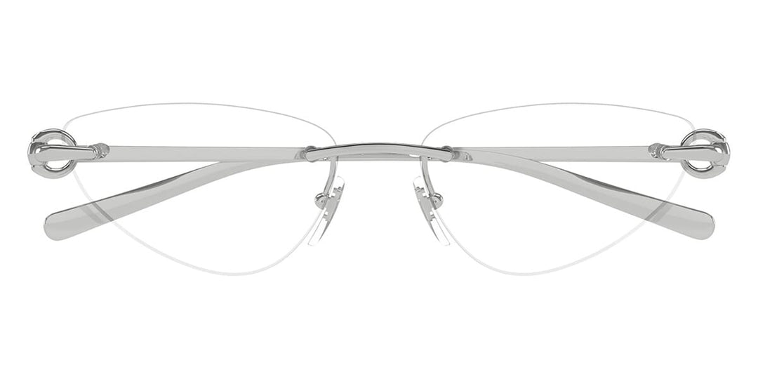 Silver cat-eye eyeglass frames, front view, metal bridge and temple hinges