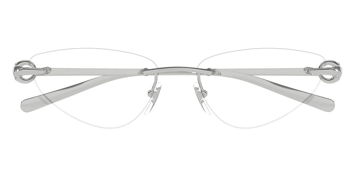 Silver cat-eye eyeglass frames, front view, metal bridge and temple hinges