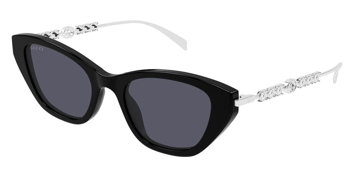 Gucci cat-eye crystal sunglasses, black frame with dark lenses and rhinestone temples