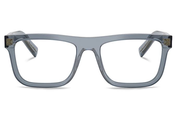 Prada square eyeglass frames, transparent ocean blue-gray acetate front view