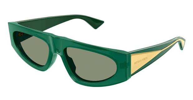 Green rectangular sunglasses with tinted lenses and gold logo on temple