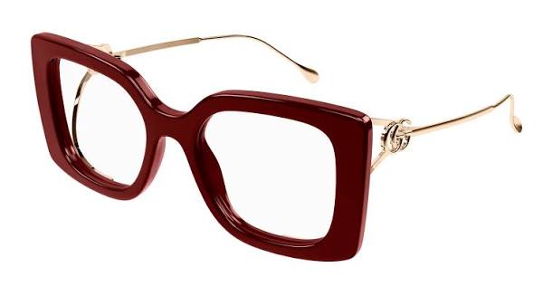 Burgundy square eyeglasses frames with clear lenses and gold metal temple arms