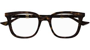 Havana brown square eyeglass frames, frontal view with Gucci temple detailing