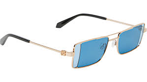 Off White Cortez sunglasses with gold frame and blue mirrored lenses, black temples