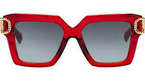 Valentino red square sunglasses close-up with gold crystal logo and dark lenses