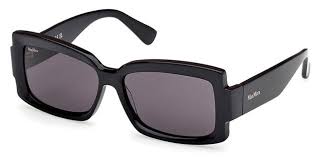 Black rectangular sunglasses with dark lenses and side logo