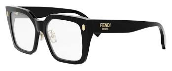 Fendi black square eyeglass frames with clear lenses and logo on temple