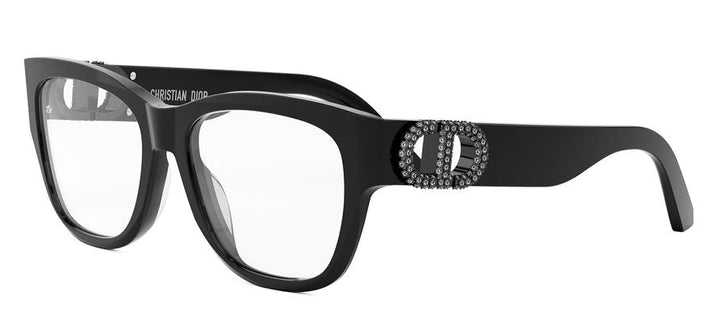 Black cat-eye eyeglass frames with rhinestone Dior emblem on temple