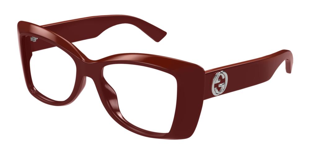 Burgundy cat-eye eyeglass frames with Gucci logo on side