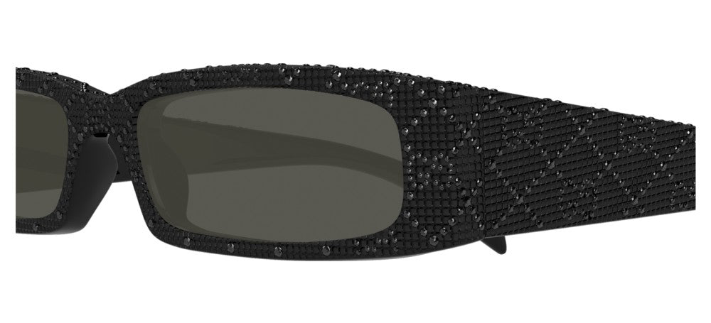 Gucci crystal black sunglasses, close-up side frame with dark rectangular lenses