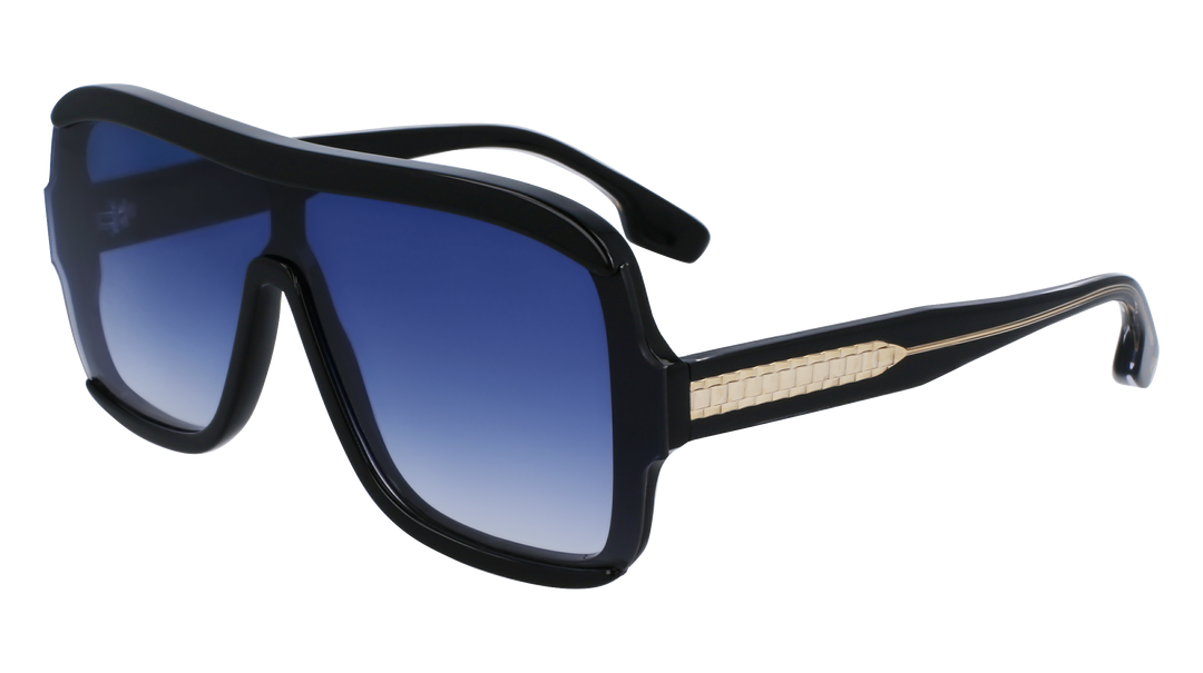 Black shield sunglasses with blue gradient lenses and patterned temple arms