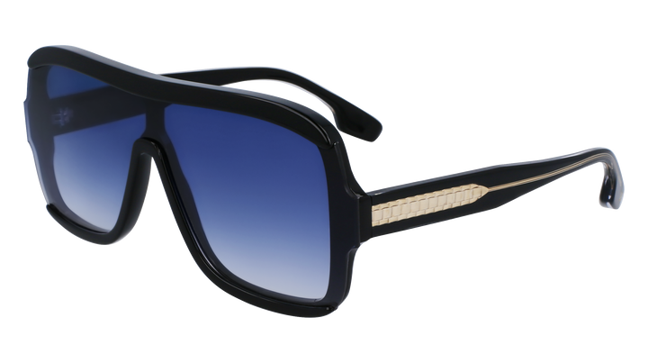 Black shield sunglasses with blue gradient lenses and patterned temple arms