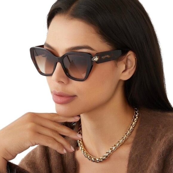 Bvlgari Serpenti Forever sunglasses on model, havana brown frame and snake temple detail